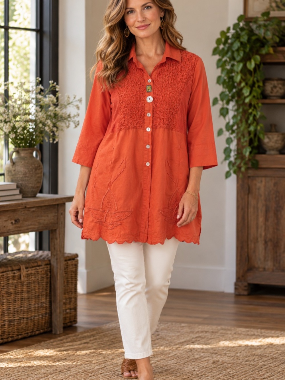 Parsley & Sage tunic top M crochet cotton novelty buttons 3/4 sleeve button down